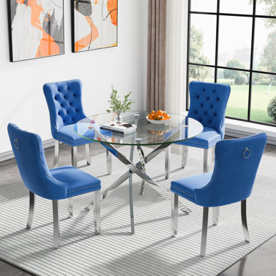 36" Glass Dining Room Table Set for 4, 5-Piece Round Kitchen Dining Table Set with Metal Legs and 4 Velvet Upholstered Chairs, Glass Kitchen Table and Chairs Set
