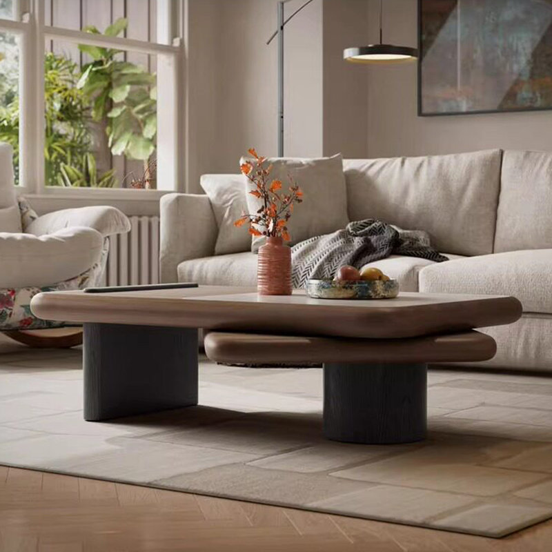 Table basse brune en fritté brun + bois massif