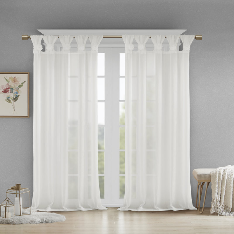 Rosette Floral Embellished Cuff Tab Top Solid Single Curtain Panel, 50"W x 95"L, White