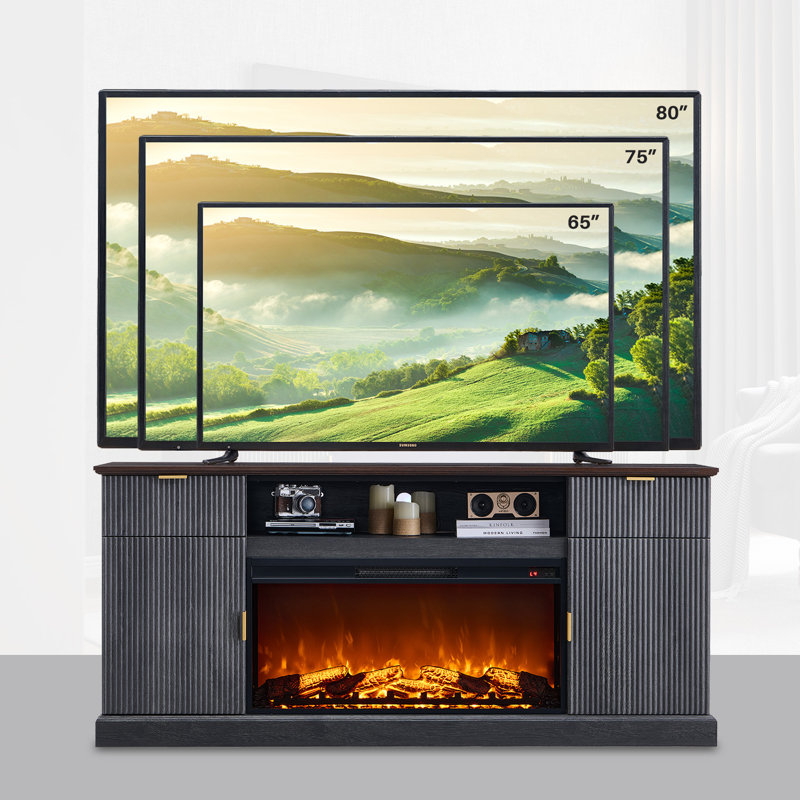 70 inch TV stand with grooved fireplace, adjustable and equipped with drawers, featuring overheat safety protection device