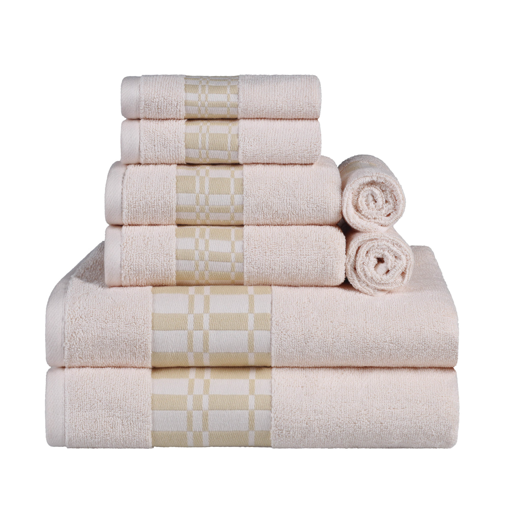 Mikira Larissa Cotton Medium Weight Geometric Border 8 Piece Assorted Towel Set, Ivory