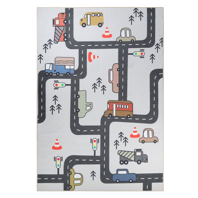 Pomerleau Construction Zone Non-Slip Kids Playroom Decor Washable Indoor Area Rug, Rectangle 2' x 3'