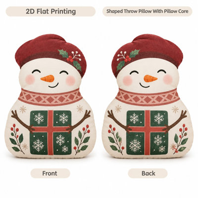 Cream Burgundy Hat Snowman Shaped Throw Pillow Festive Holiday Decor for Cozy Sofa Bedroom Christmas Home 2D Flat Printing Shaped Stuffed Throw Pillow, 2D Flat 40cm