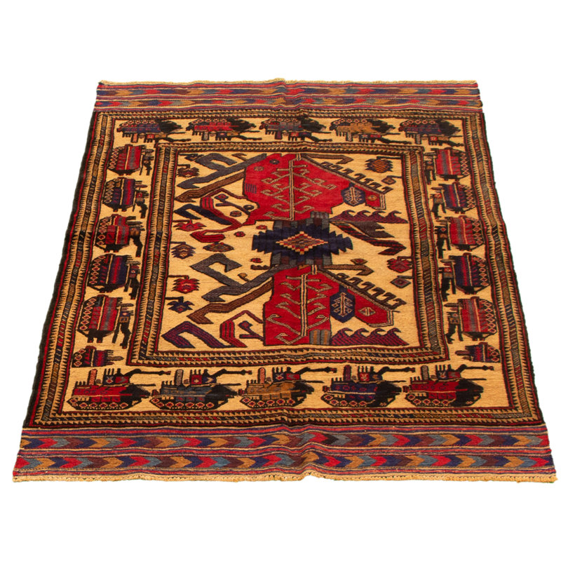 Tapis décoratif beige en laine de conception unique 4 pi 2 po x 6 pi 6 po Cecellia noué à la main