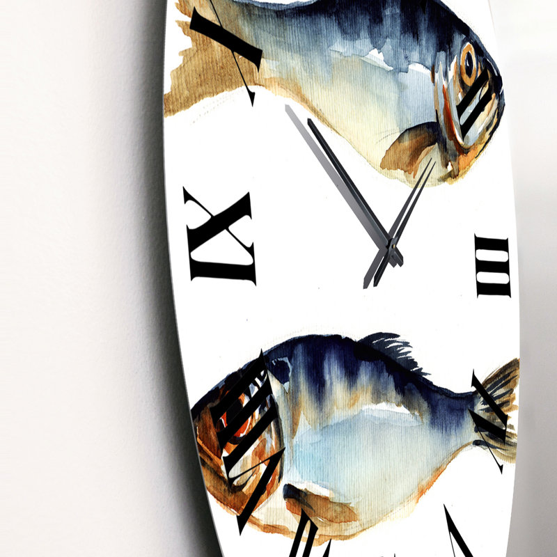 Deux poissons harengs sur fond blanc - horloge murale nautique et côtière, Moyen