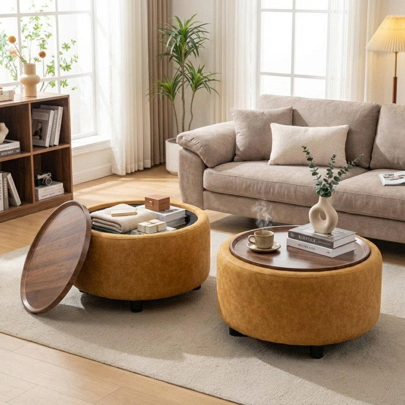 Eniyah Round Cocktail Ottoman With Storage, Yellow