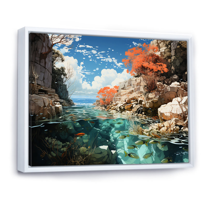 Coraux et paysage de patchwork de corail - impressions sur toile corail, Cadre flottant blanc, H 12 po x l 20 po x P 1 po