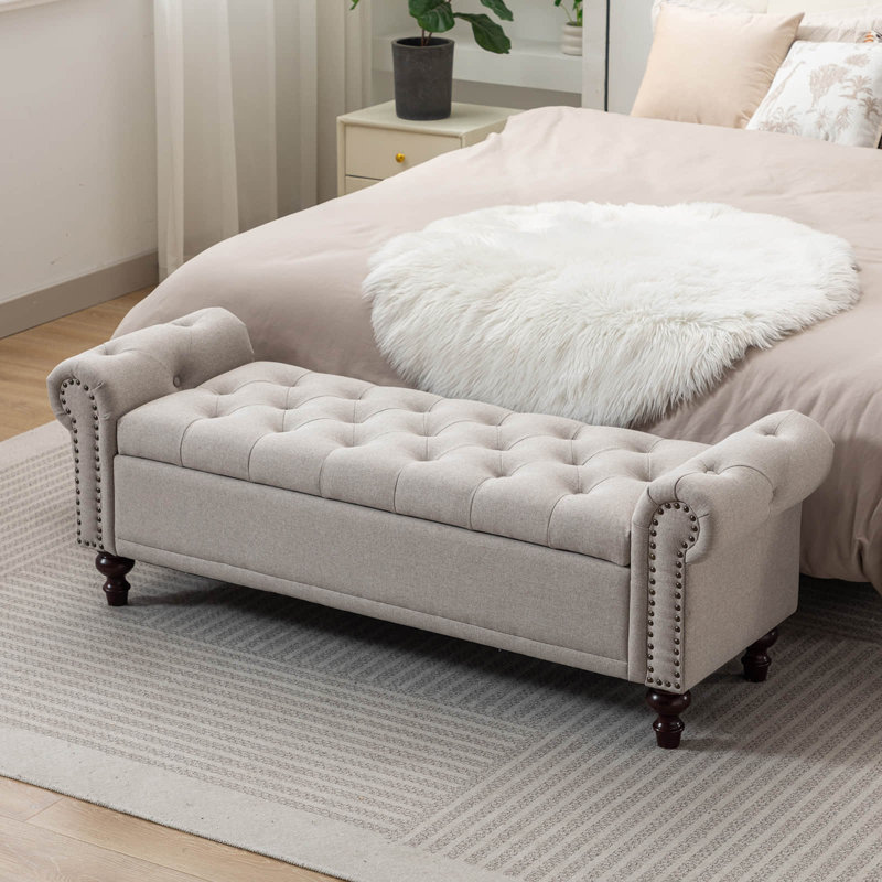 Banc de rangement rembourré avec compartiments de rangement segmentés, Lin brun clair, H 20,8 po x l 58,1 po x P 18,7 po