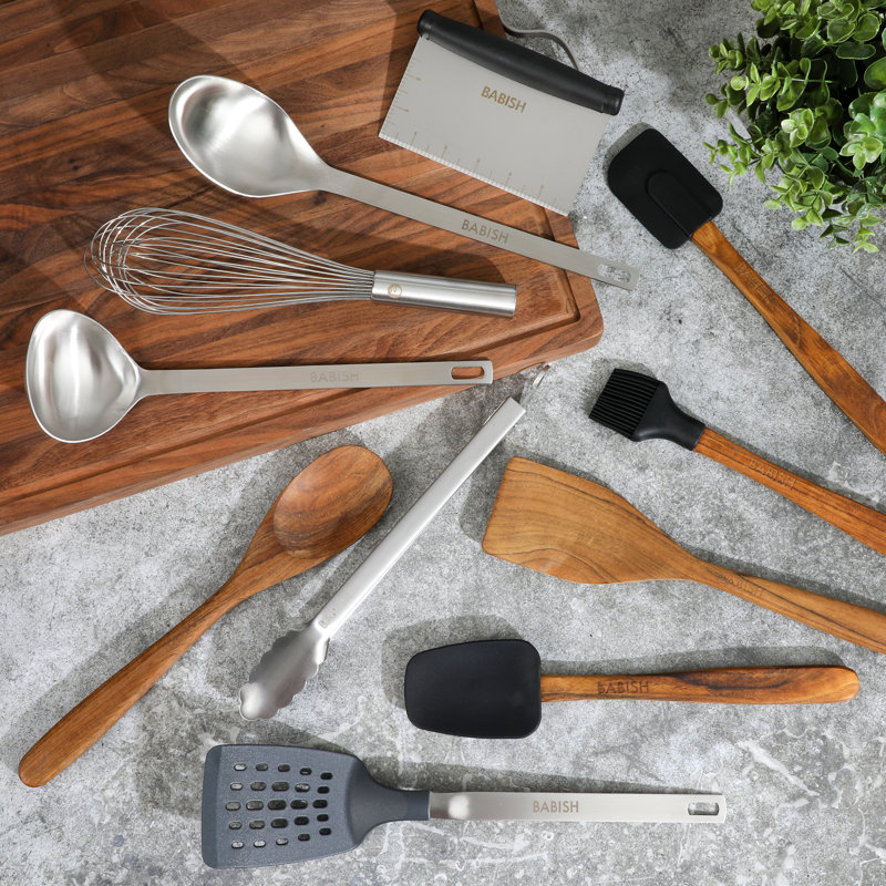 Babish 11-Piece Teak Wood, Silicone, and Stainless Steel Cooking Tool Set