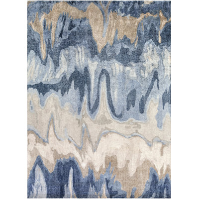 Tapis bleu / beige touffeté à la main à motif abstrait Aylesworth
