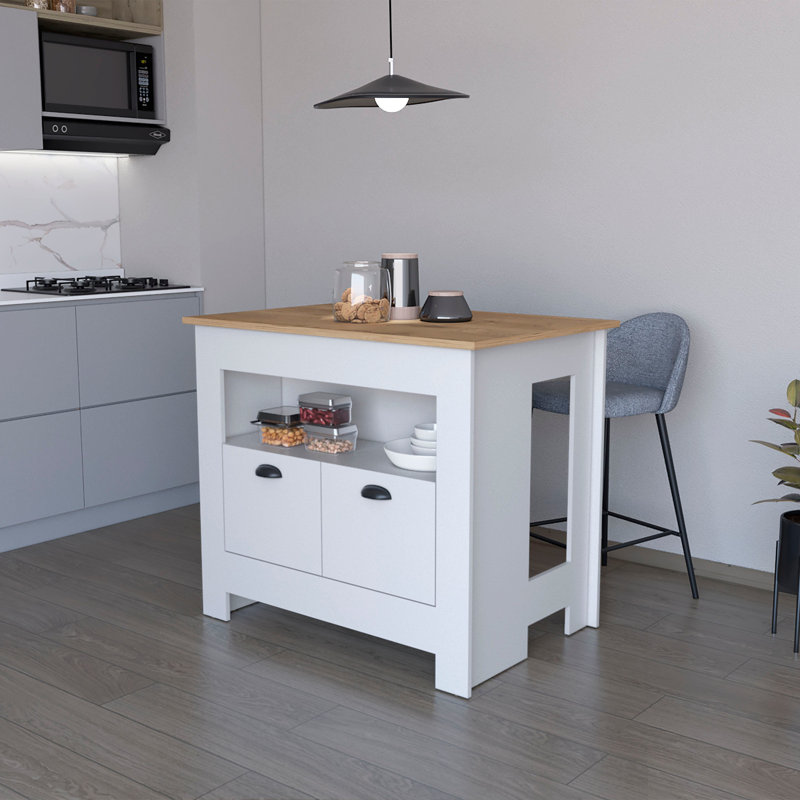 Îlot de cuisine avec plateau en bois manufacturé Kardel, Blanc