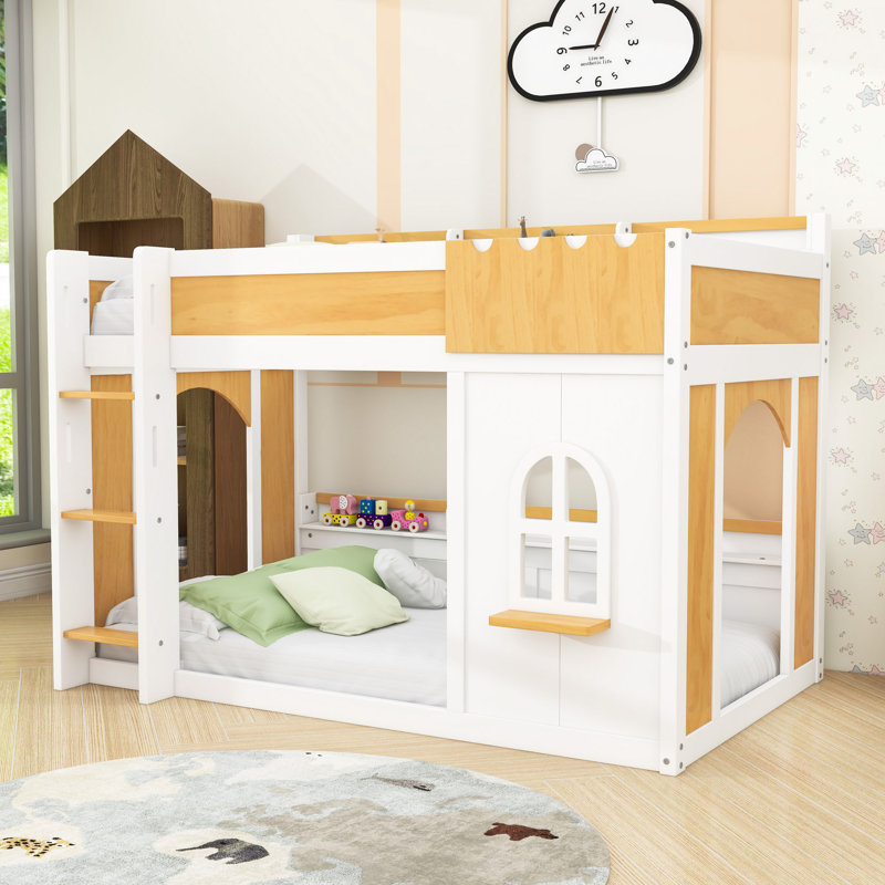 Lit superposé en bois avec tablettes de rangement et échelle, Simple sur simple