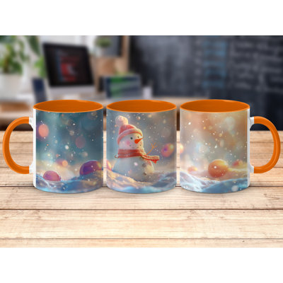 Set of 4 3D Design 11oz Accent Mugs – Ceramic Coffee Cups with an Orange Handle and Interior