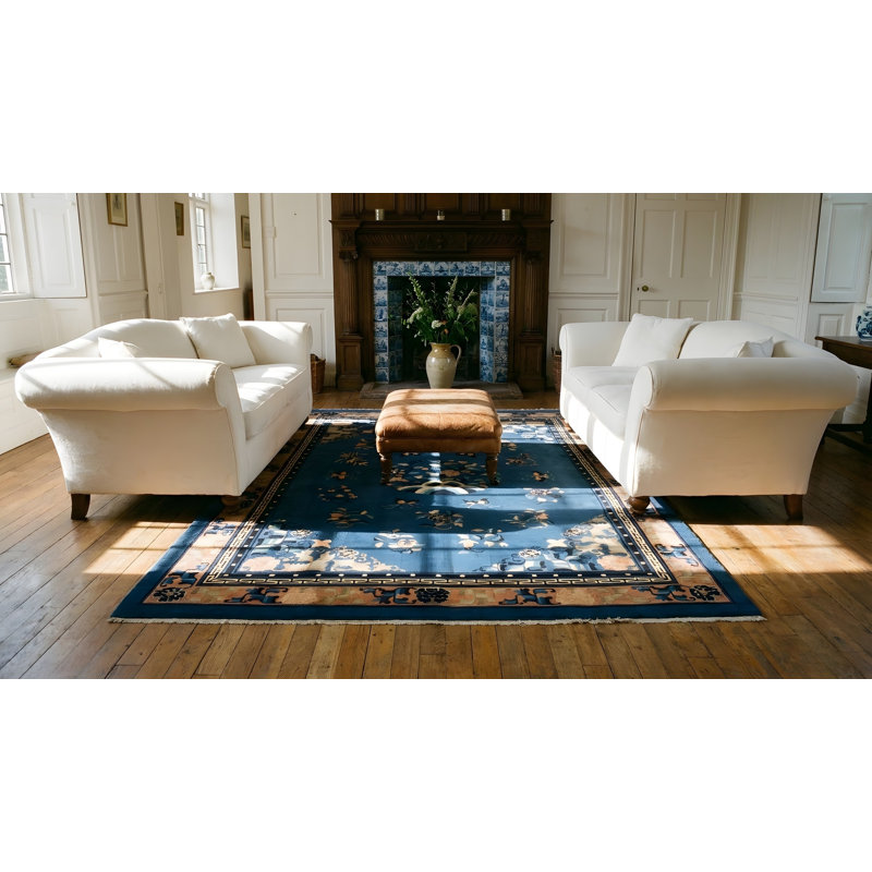 Antique Chinese Peking Floral, Medallion Blue 1920s Rug
