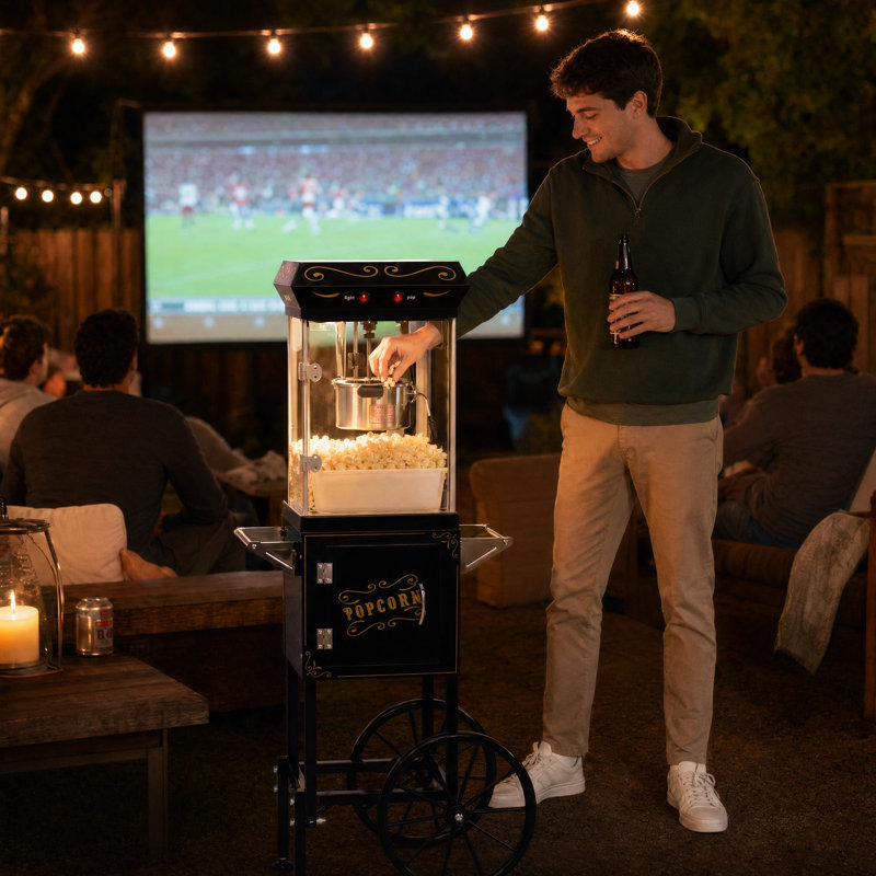 Machine à maïs soufflé rétro cinéma 6 oz, popcorn style cinéma 480 W avec plateau chauffant, tiroir à grains, chariot mobile de 14 pouces et fabrication en verre trempé - noir