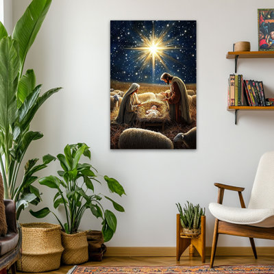 Grande crèche de Noël, reproduction d'art sur toile, naissance de Jésus dans une étoile, image de Mary Joseph Baby Jesus, affiche encadrée sur toile pour décor de fête de Christian Home Church, prête à être suspendue, 24 po x 36 po