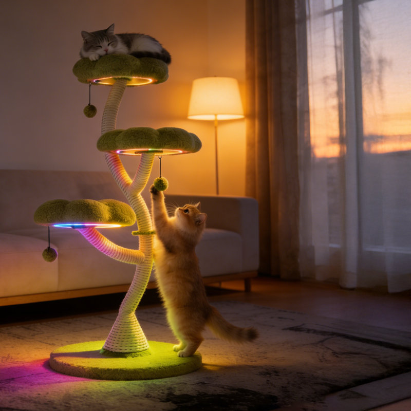 Arbre à chat 48 po avec éclairage synchro et poteaux à griffes en sisal Glow Beyond the ordinaire
