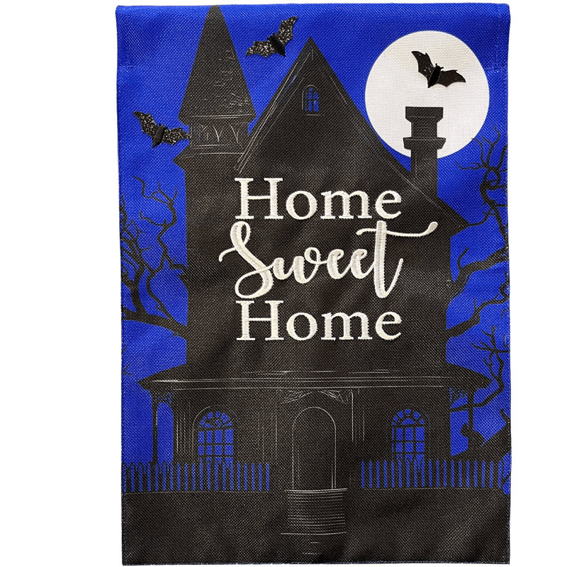 Drapeau de maison Home Sweet Haunted Home, Bleu marine / noir / blanc