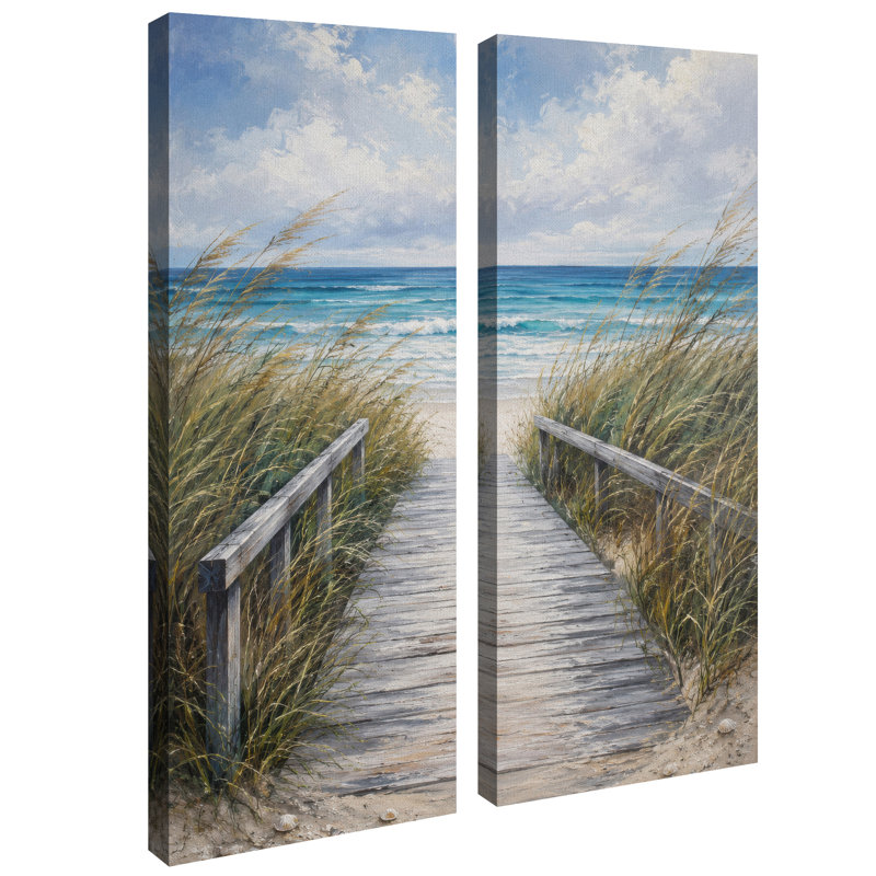 Promenade côtière en bois avec herbes des dunes – Ensemble de 2 impressions d'art encadrées sur toile 32 po x 12 po x 2 po
