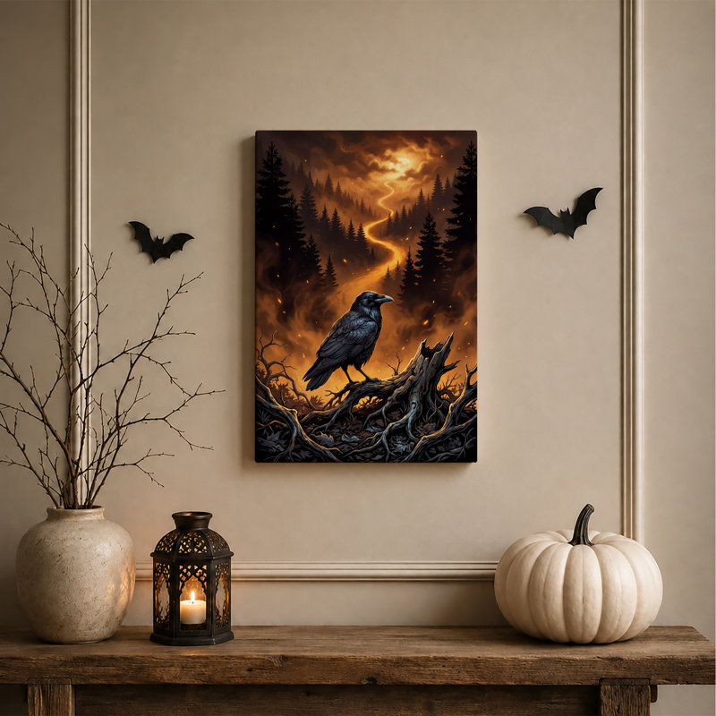 Corbeau noir sur racines noueuses, toile murale orange fluorescente pour l'Halloween, H 36 po x l 24 po