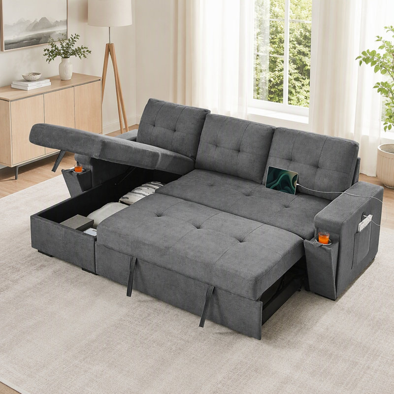 Ollie 95"W Black Woven Fabric Reversible Sleeper Sectional Sofa with Storage Chaise, Pocket Coil Seating, Hidden Cup Holders, USB/USB-C Ports & Side Pockets