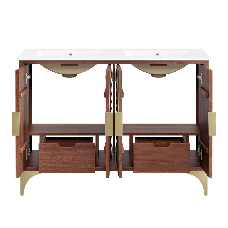 Daylight 48" Double Sink White Walnut Bathroom Vanity with Brass Base