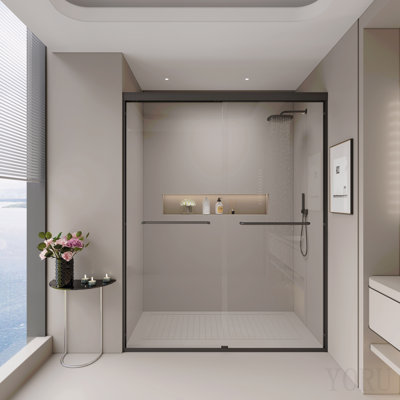 56-60 In. W X 72 In. H Double Sliding Shower Door, Semi-Frameless Bathroom Sliding Door With 1/4" (6mm) Tempered Glass For Walk-In Shower, Matte Black