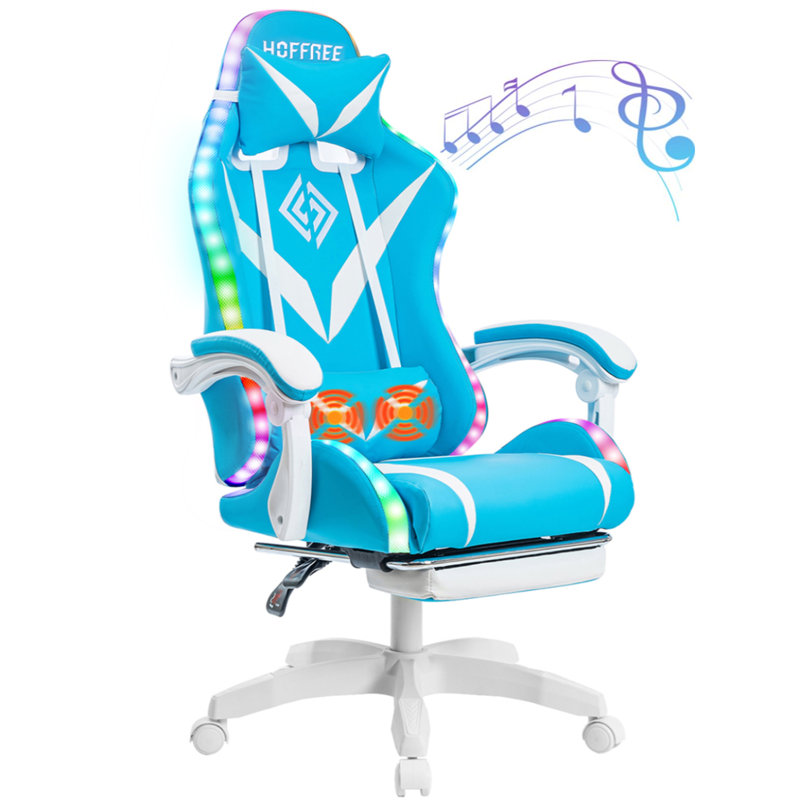Hoffree Massage Ergonomic Gaming Chair with Bluetooth Speakers and RGB LED Lights, Blue/White