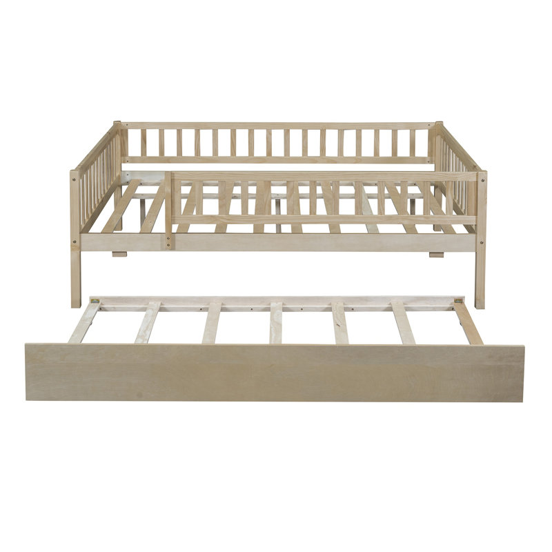 Full Size Wood Daybed with Trundle, Fence Guardrails for Safe & Space-Saving Sleep, Natural