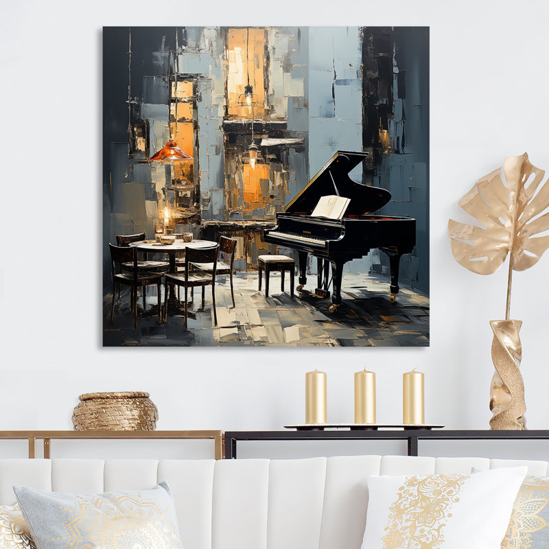 Yellow And Grey Grand Piano Jazz Cafe  III - Piano Metal Wall Art, 16" H x 16" W