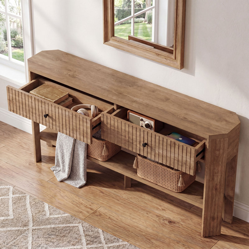 59-Inch Console Table with 2 Drawers, Narrow Entryway Table with Shelf, Fluted Sofa Tables Behind Couch for Living Room, Hallway
