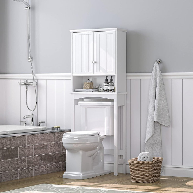 Meuble de rangement à installer au-dessus des toilettes, avec portes à panneaux surélevés, tablette réglable, rangement ouvert, conception antibasculement, blanc