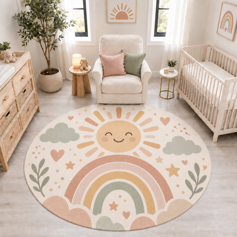 Tapis rond « ultra fin » 183 x 183 cm, motif soleil souriant arc-en-ciel, style bohème, à poils courts et doux, avec envers antidérapant en silicone, idéal pour la chambre d'enfant, la chambre à coucher ou la salle de jeux.