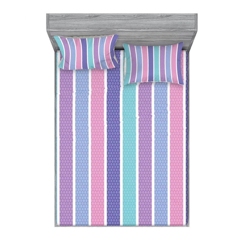 Microfiber Striped Sheet Set, Full/Double Sheet Set with Fitted Sheet, Purle/Pink/Turquoise Striped