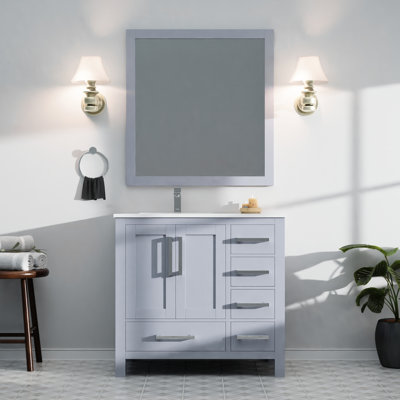 Meuble-lavabo gris foncé 36 po L 22 po, décalé à gauche, plateau en marbre de culture, fabrication en bois massif, mécanisme de fermeture en douceur et espace de rangement x P avec surface, cadre,