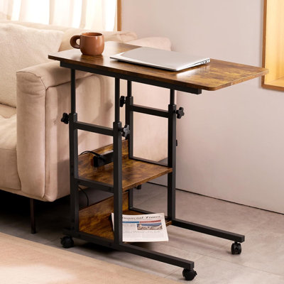 Height Adjustable End Table with Charging Station, Mobile C Shaped Laptop Side Table with Wheels