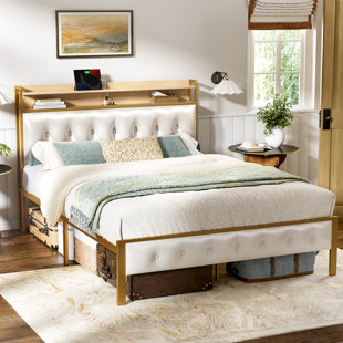 Antioch Bed Frame with USB Ports and LED Lights, Upholstered Bed with Storage Shelves, PU Leather Beds