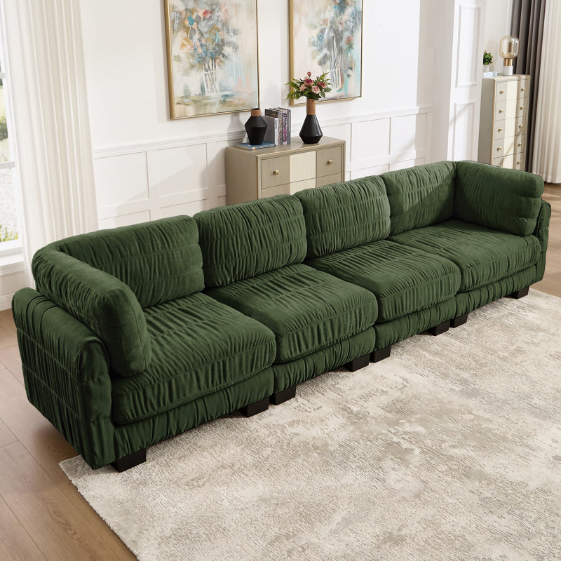 Canapé d'angle modulaire avec détails froncés sur l'assise, L 140,1 po, Green Chenille