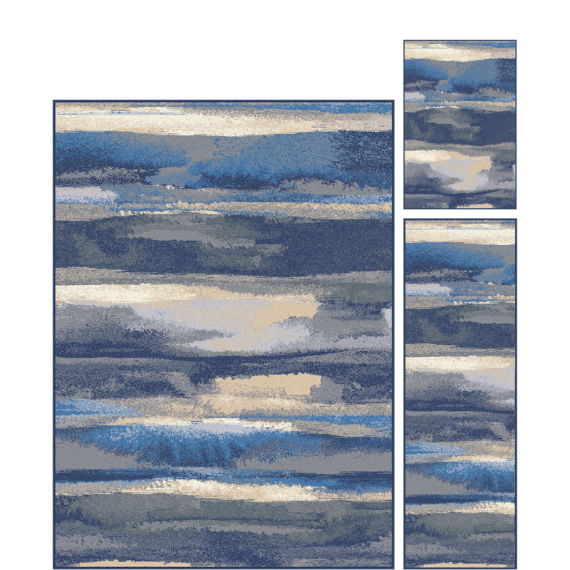 Ocean Contemporary Abstract Blue 3-Piece Rug Set: (5' X 7', 20'' X 60'', 20'' X 32'')