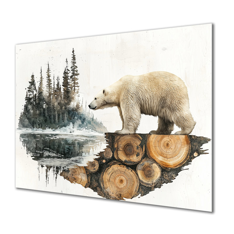Hiver, ours polaire en forêt, paysage I, H 12 po x l 20 po