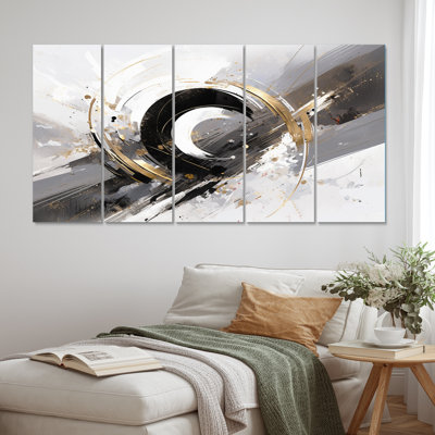 Tourbillons aux multiples facettes or gris - cubisme, art mural sur toile - 5 panneaux égaux