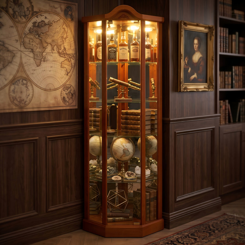 Vitrine de coin en chêne avec éclairage, Chêne