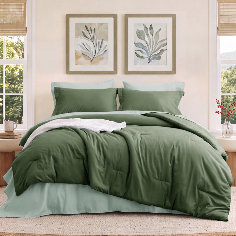 Bedsure Full Size Comforter Set - 7 Pieces Olive Green Full Bedding Set for All Seasons, Boho Contrasting Design Bed in a Bag with Comforter, Sheets, Pillowcases & Shams