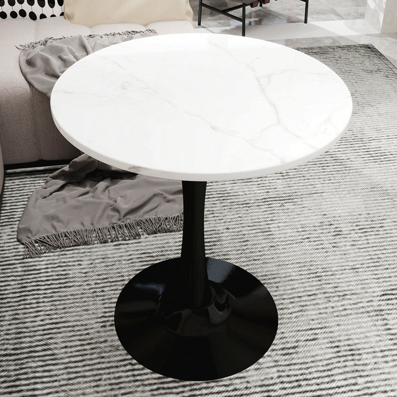 27.6-Inch Round Dining Table Mid-Century Modern 2-4 Person Light Gray Textured Marble Top, Light Gray, Black