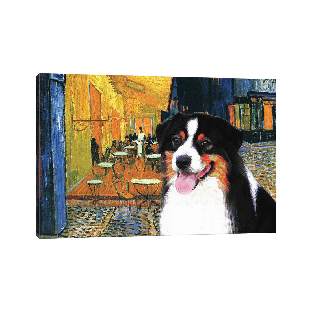 Australian Shepherd Aussie Cafe Terrace at Night - Wrapped Canvas Art Prints