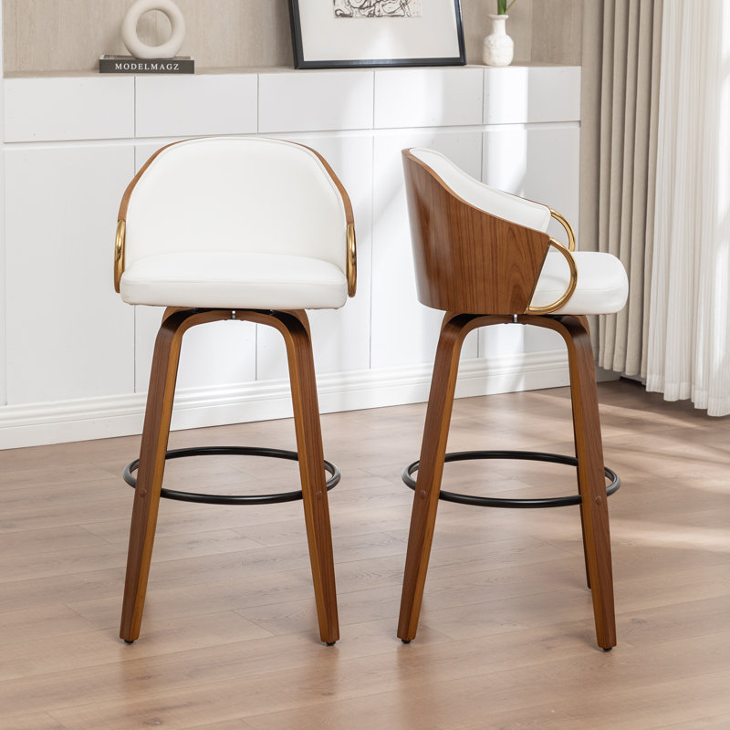 Mahtab Modern Set Of 2 Swivel Bar Stools With PU Upholstery And Wood Legs, White, Counter Stool (25" Seat Height)