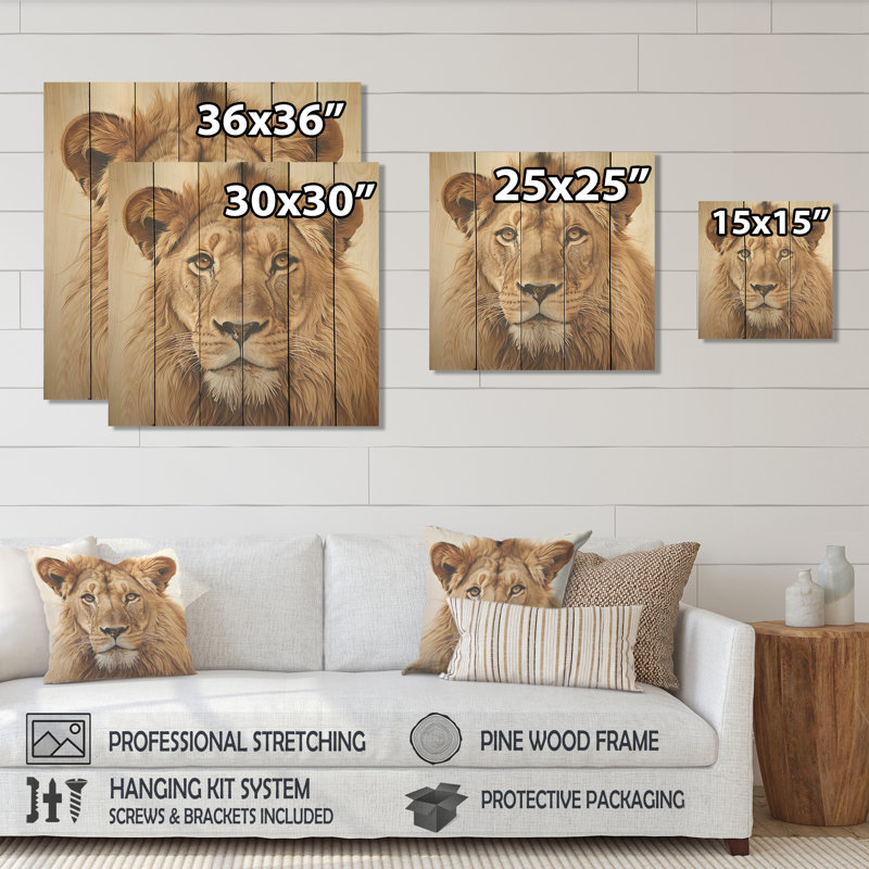Portrait d'un lion royal doré I - animal lion sur bois, H 25 po x l 25 po