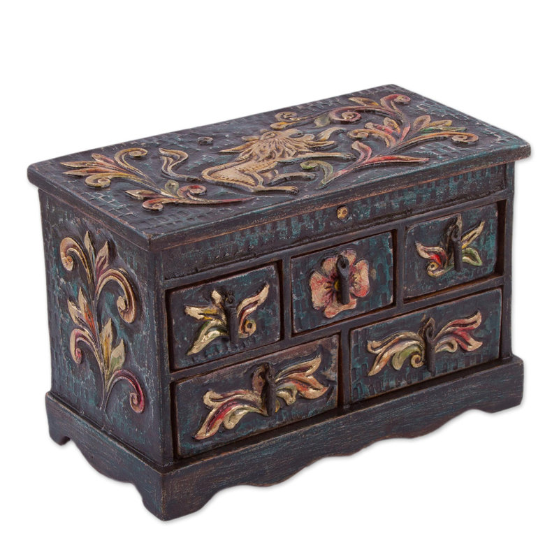 Boîte à bijoux en bois et cuir vintage faite à la main