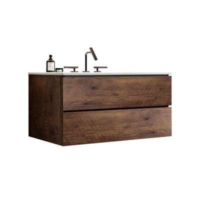 Armoire de salle de bain moderne, 36 po, finition noyer, lavabo en céramique, 3 trous de robinet, beaucoup de rangement, meuble-lavabo à tiroirs silencieux, lavabo, trous pour robinet, rangement spacieux,