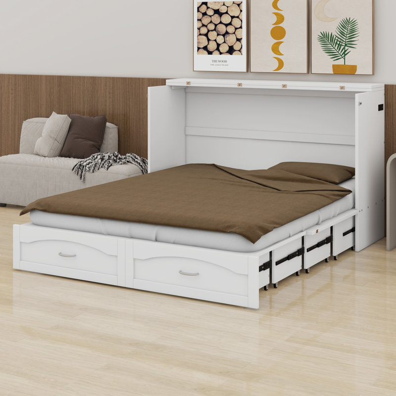 Commode murale en bois avec armoire Murphy et tiroir de rangement, USB, station de charge, Blanc, Grand lit